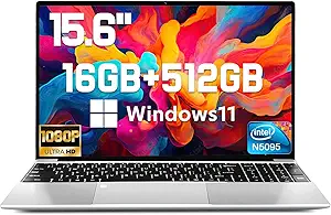 2025 Latest Windows 11 Laptop 15.6'', 16GB RAM 512GB SSD, Intel N5095 Processor(Max 2.9GHz), 1080P Full HD Display, Backlit Keyboard, Fingerprint, Webcam, Mini-HDMI, WiFi5, Bluetooth, Silver