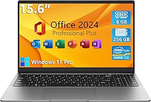TPV 15.6" Windows 11 Pro Laptop, MS Office 2024, 8GB RAM 256GB Storage, Intel Celeron N4000(up to 2.6GHz) 100% sRGB Screen, 2.4G/5G Dual Band WiFi, BT4.2, USB-A, Long Battery Life, Silver
