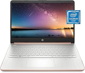 HP 14 Laptop, Intel Celeron N4020, 4 GB RAM, 64 GB Storage, 14-inch Micro-edge HD Display, Windows 11 Home, Thin & Portable, 4K Graphics, One Year of Microsoft 365 (14-dq0030nr, Pale Rose Gold)