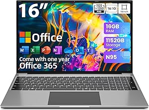jumper Laptop Computer 16 Inch, Office 365, Laptops with 16GB RAM, 1152GB Storage, FHD IPS 1920x1200 Display, 12th N95 CPU(Up to 3.4GHz), 38WH Battery, 2 Speakers, Mini HDMI, 16:10.